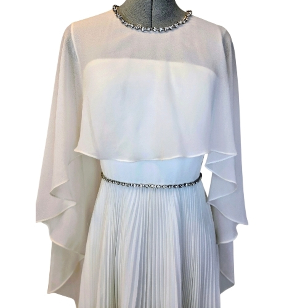 Jenny Packham Bloom Cape Ivory Chiffon Gown Rhinestone Embellished Pleated Dress - Picture 9 of 17